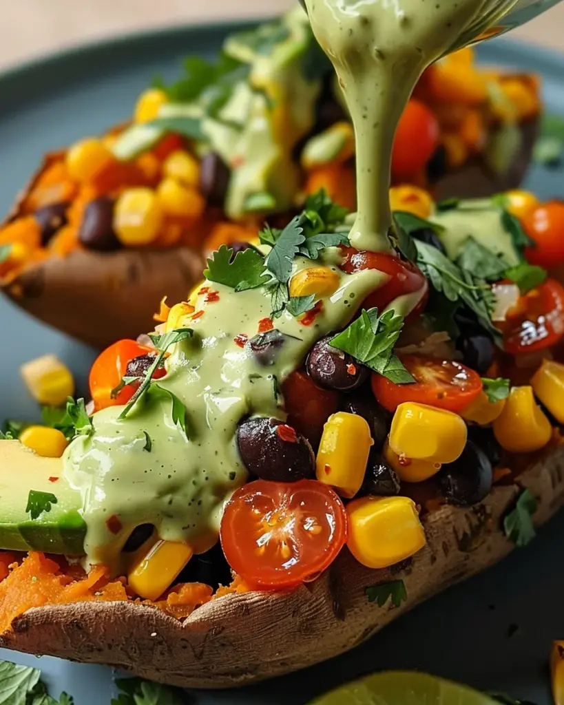 Stuffed Sweet Potato with Avocado, Black Beans & Cilantro Lime Crema