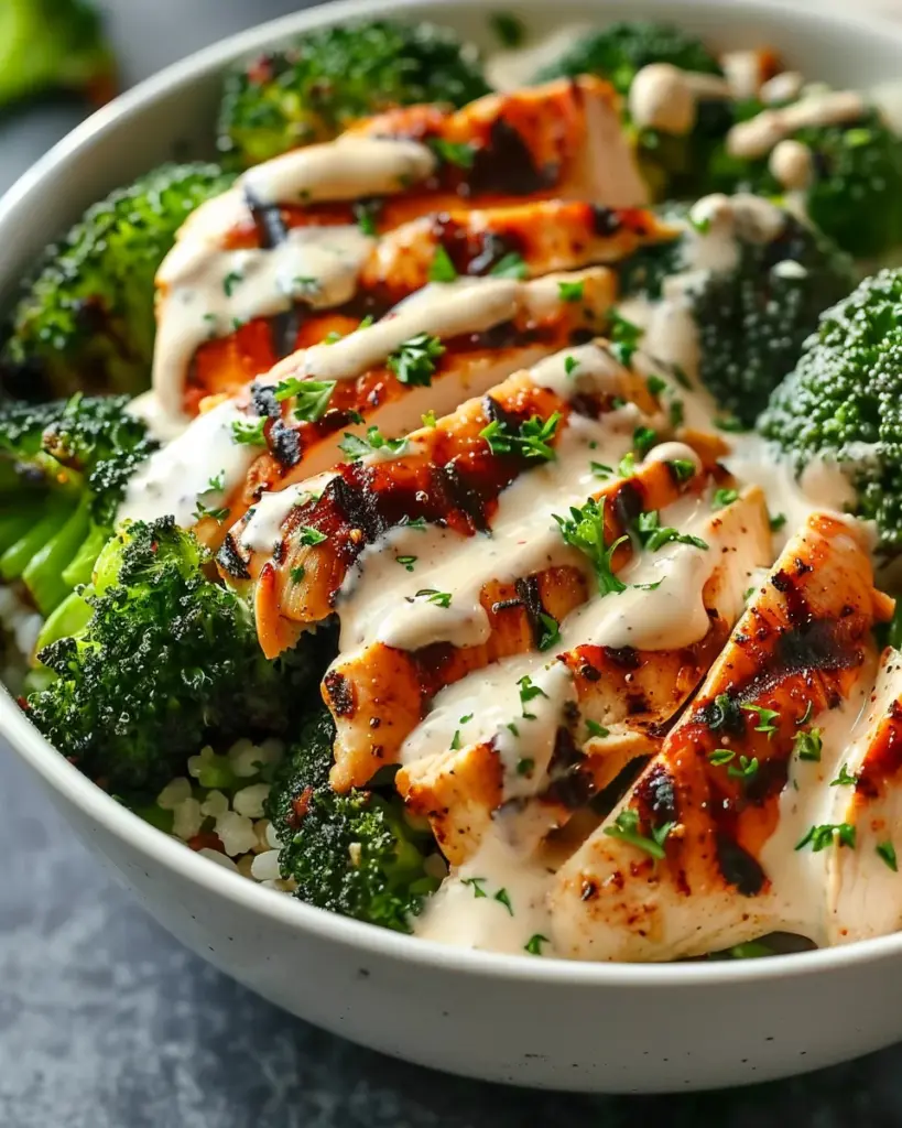 Grilled Chicken & Broccoli Bowls with Creamy Garlic Sauce