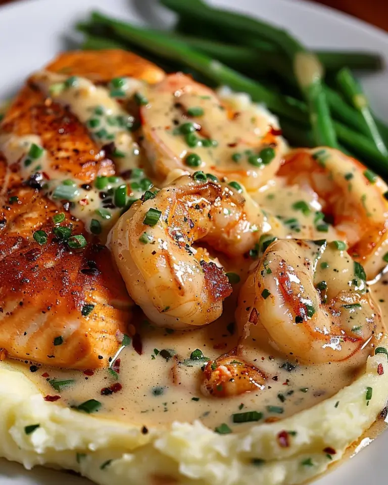 Cajun Shrimp and Salmon with Garlic Cream Sauce, Mashed Potatoes, and Green Beans: A Flavor-Packed Dinner to Impress