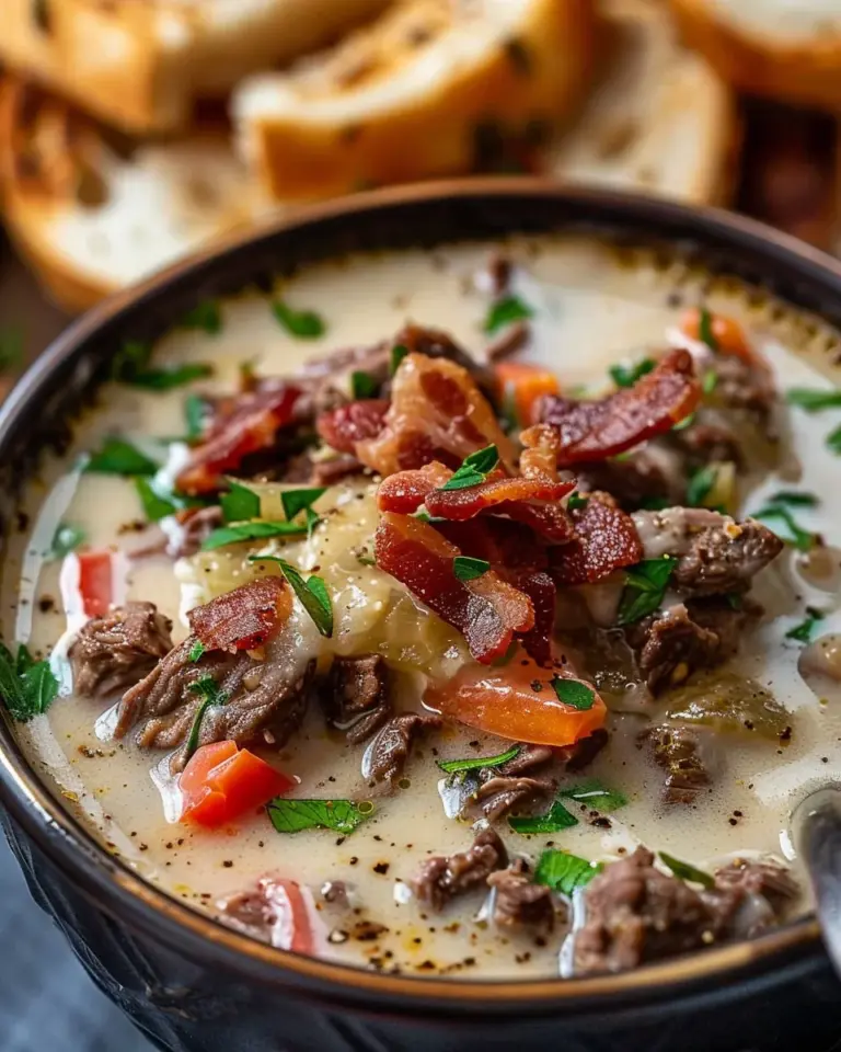One-Pot Philly Cheesesteak Soup with Bacon and Cheesy Toast