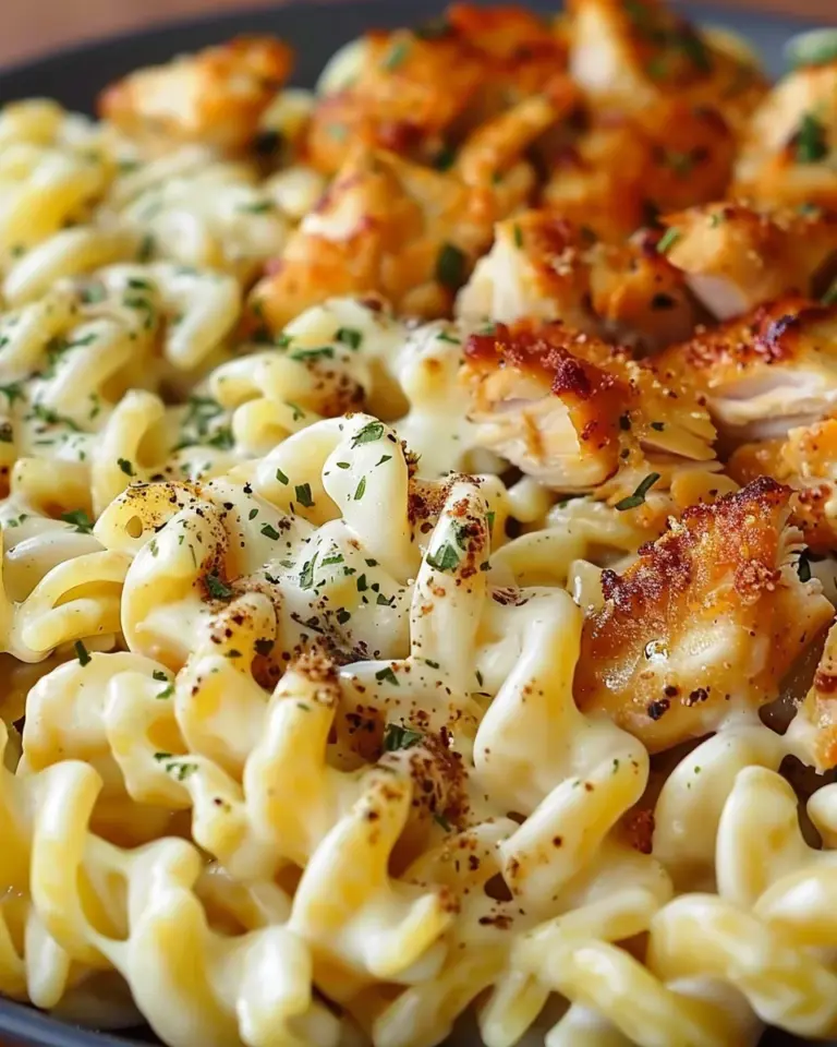 Cheesy Alfredo Twisted Pasta with Golden Garlic Butter Chicken in Creamy Sauce