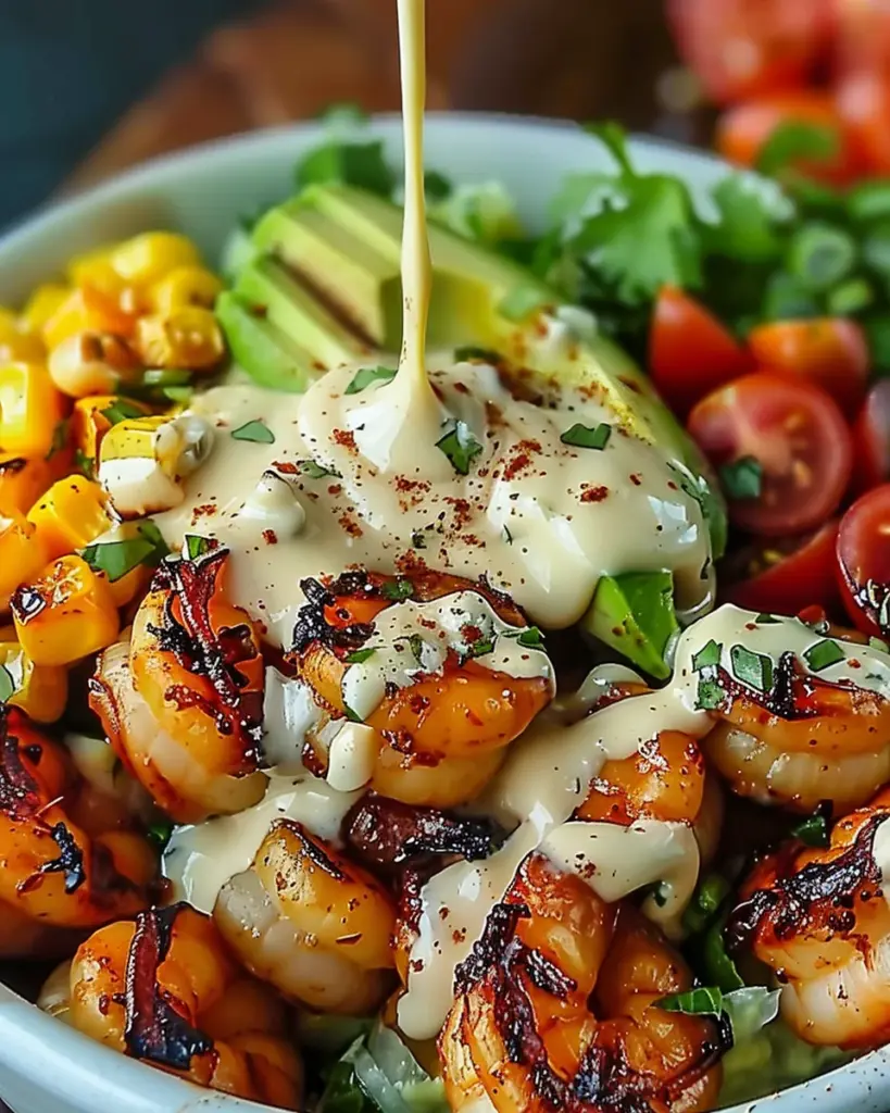 Grilled Shrimp Bowl with Avocado, Corn Salsa & Creamy Garlic Sauce: An Incredible 7-Ingredient Recipe