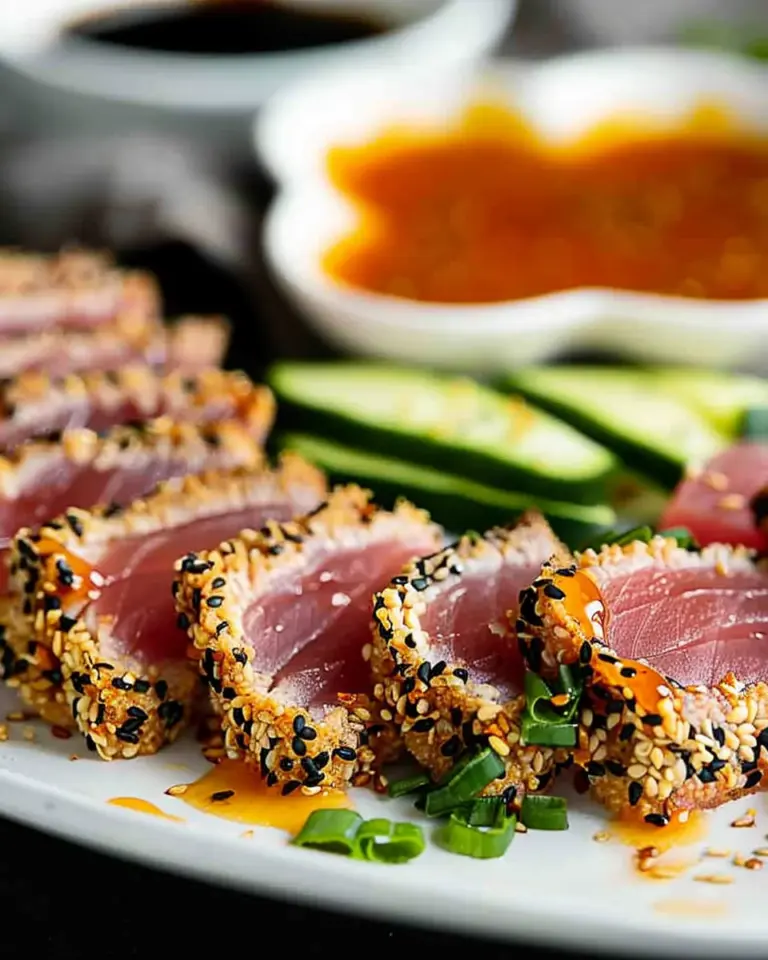 Seared sesame crusted tuna with orange ginger soy sauce