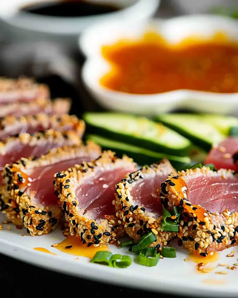 Seared sesame crusted tuna with orange ginger soy sauce