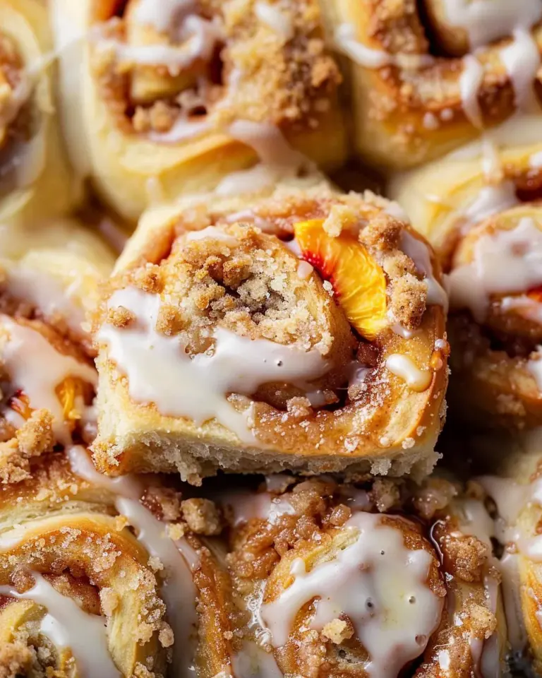Peach Cobbler Cinnamon Rolls with Crumb Topping