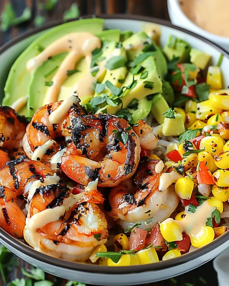 Grilled Shrimp Bowl with Avocado, Corn Salsa & Creamy Garlic Sauce