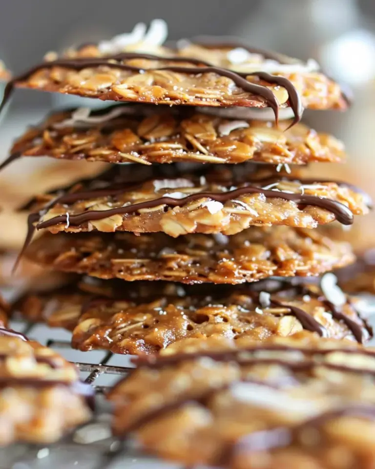 Thin Crispy Oatmeal Cookies with Toasted Coconut and Chocolate Drizzle