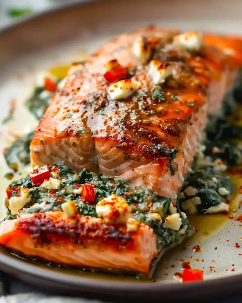 Simple Baked Stuffed Salmon with Spinach and Feta