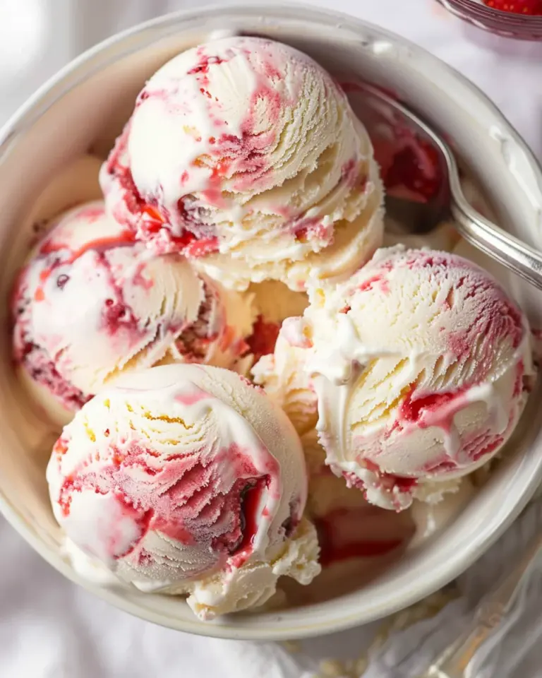 Mascarpone Ice Cream swirled with Strawberry Sauce