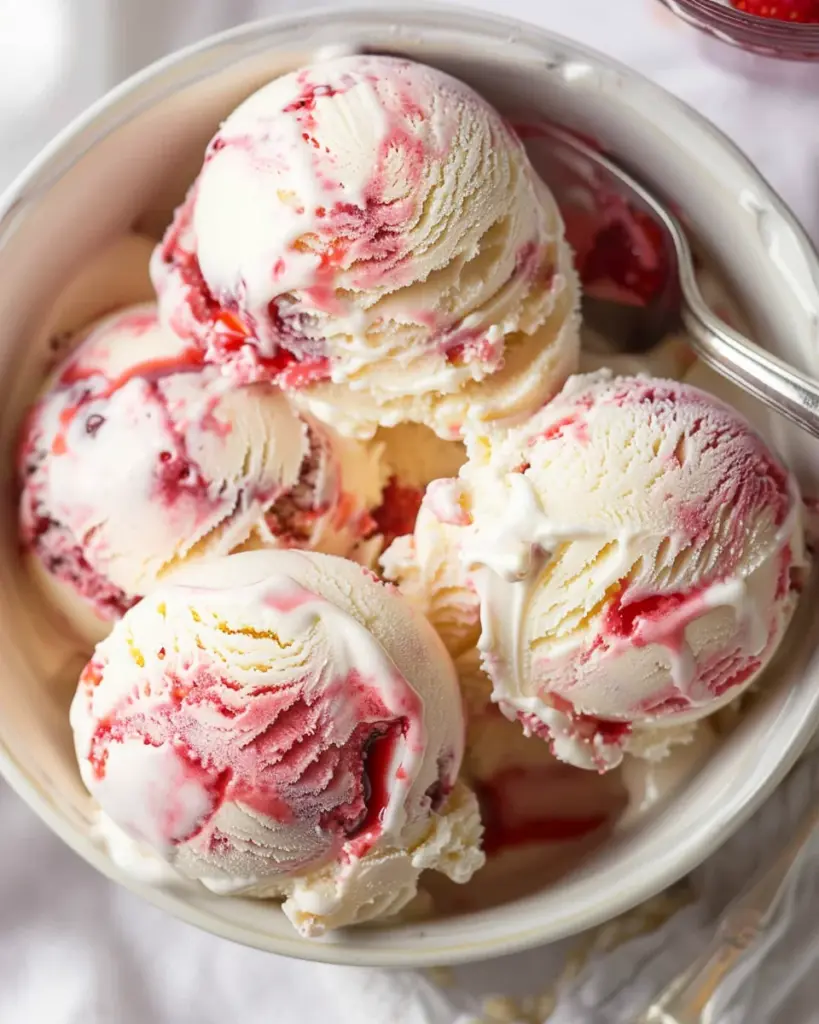 Mascarpone Ice Cream swirled with Strawberry Sauce