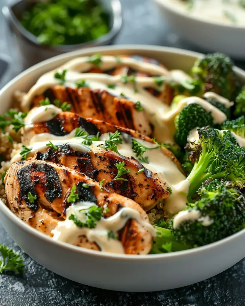 Grilled Chicken & Broccoli Bowls with Creamy Garlic Sauce
