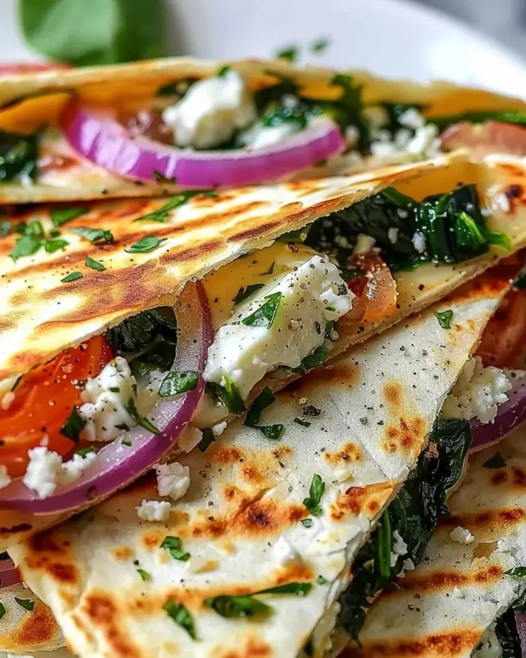 Mediterranean Quesadillas with Spinach Feta Mozzarella and Red Onion